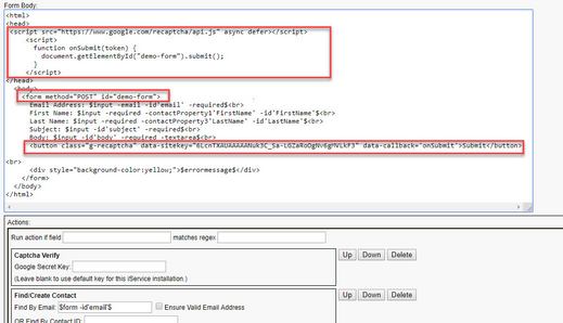 Example form body changes for reCaptcha