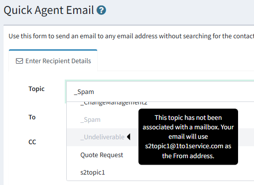 An unconfigured topic in the agent email panel