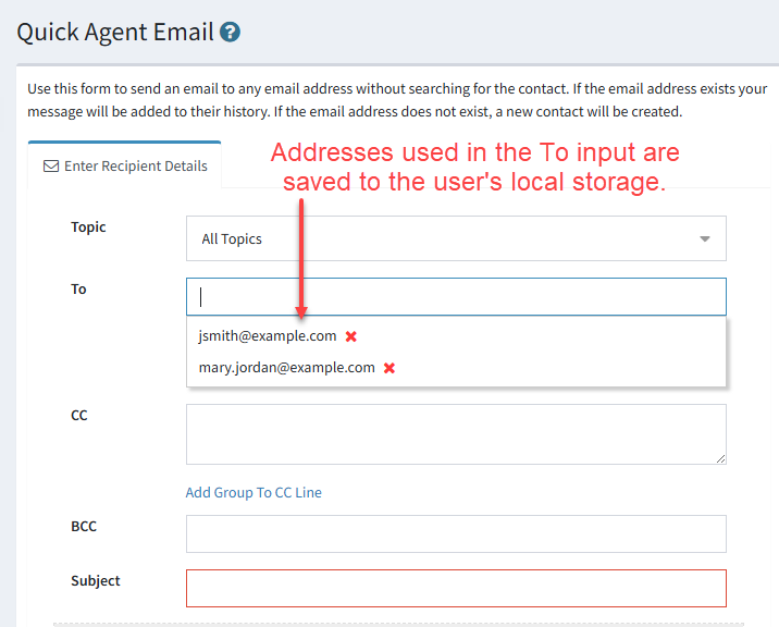 The list of TO addresses in quick agent email